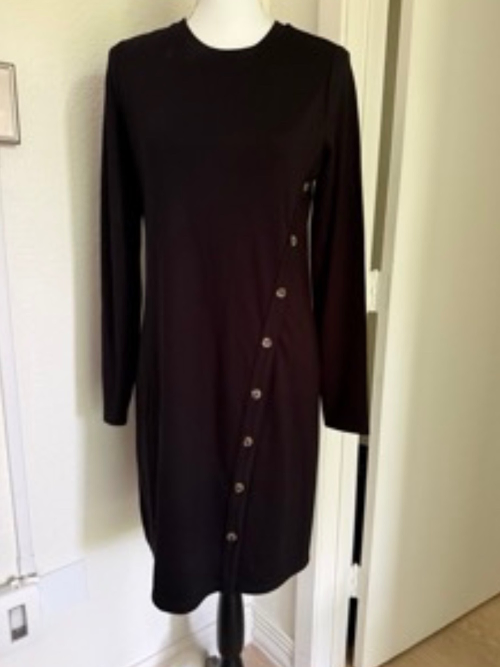 LOFT Black Long Sleeve Sheath Dress Womens Small Side Button Career Midi NWT